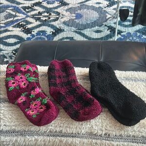 Three Pairs of Cozy Floral, Plaid and Black Fuzzy Socks Set
